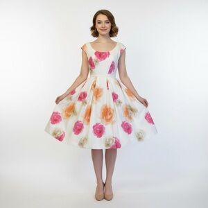 Calvin Klein Women 6 Bouffant Floral Dress White Pink Cap Sleeve‎ A Line Spring